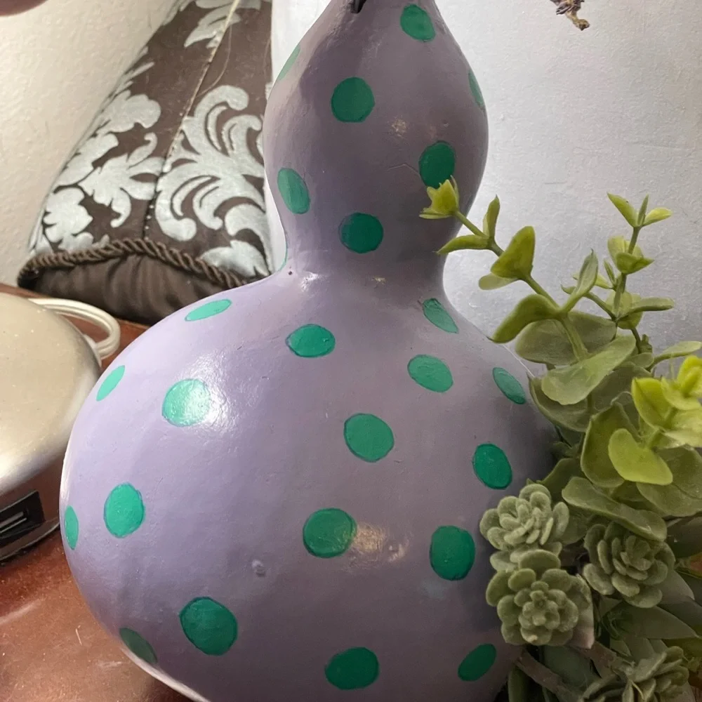 Hand crafted painted dried gourd planter purple aqua blue dots faux succulents - Picture 10 of 16